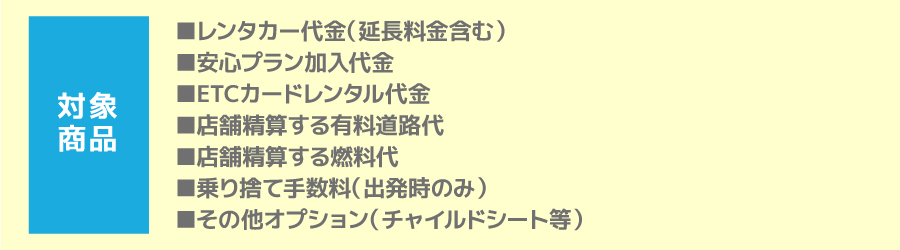 対象商品はレンタカー代、店頭精算する有料道路代・燃料代、その他オプションなどが使えます