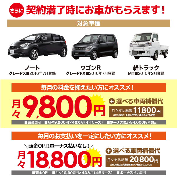 ノート・ムーヴ・軽トラック　4年契約月々9800円ボーナス払いあり　4年契約月々18800円ボーナス払いなし